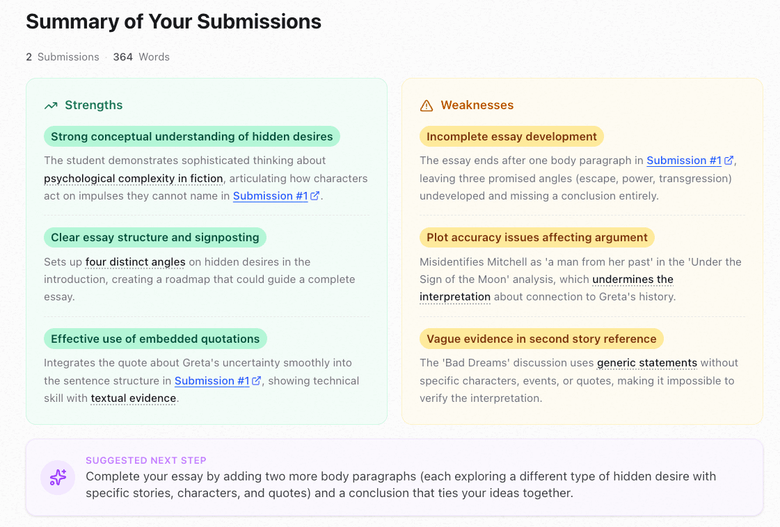 Student report: strengths, weaknesses, next steps summary